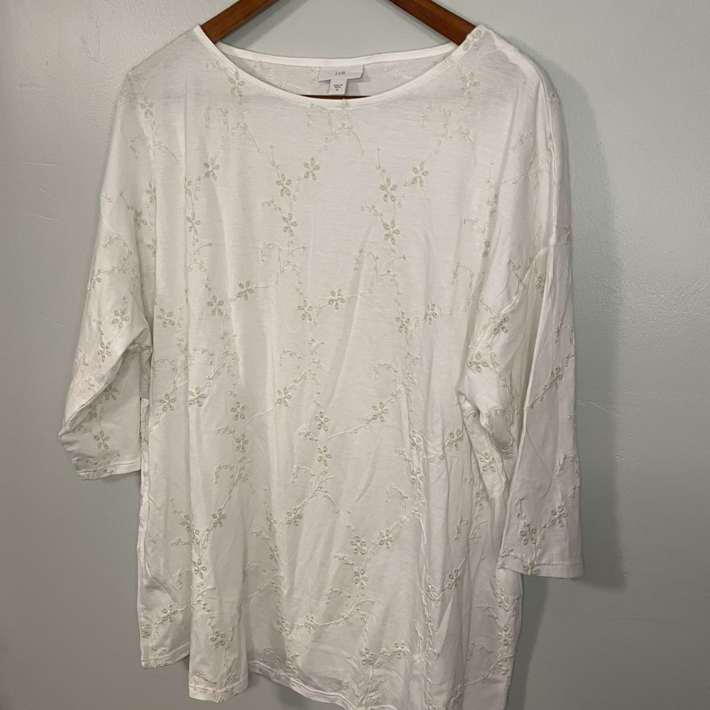 J Jill Top Sz XL White Embroidered Blouse Round Neck 3/4 Sleeve Cottagecore - Picture 2 of 6
